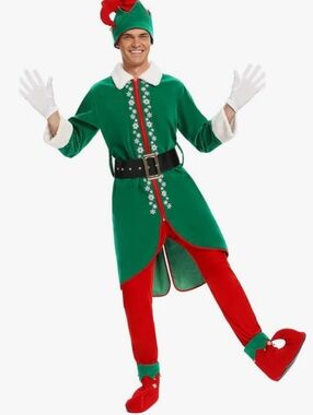 Men's Christmas Elf Costume + Hat Adult Santa`s Helper Xmas Elf Suit Sz 2XL New